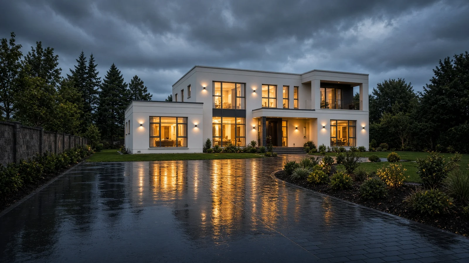 Contemporary home with a clean driveway at dusk